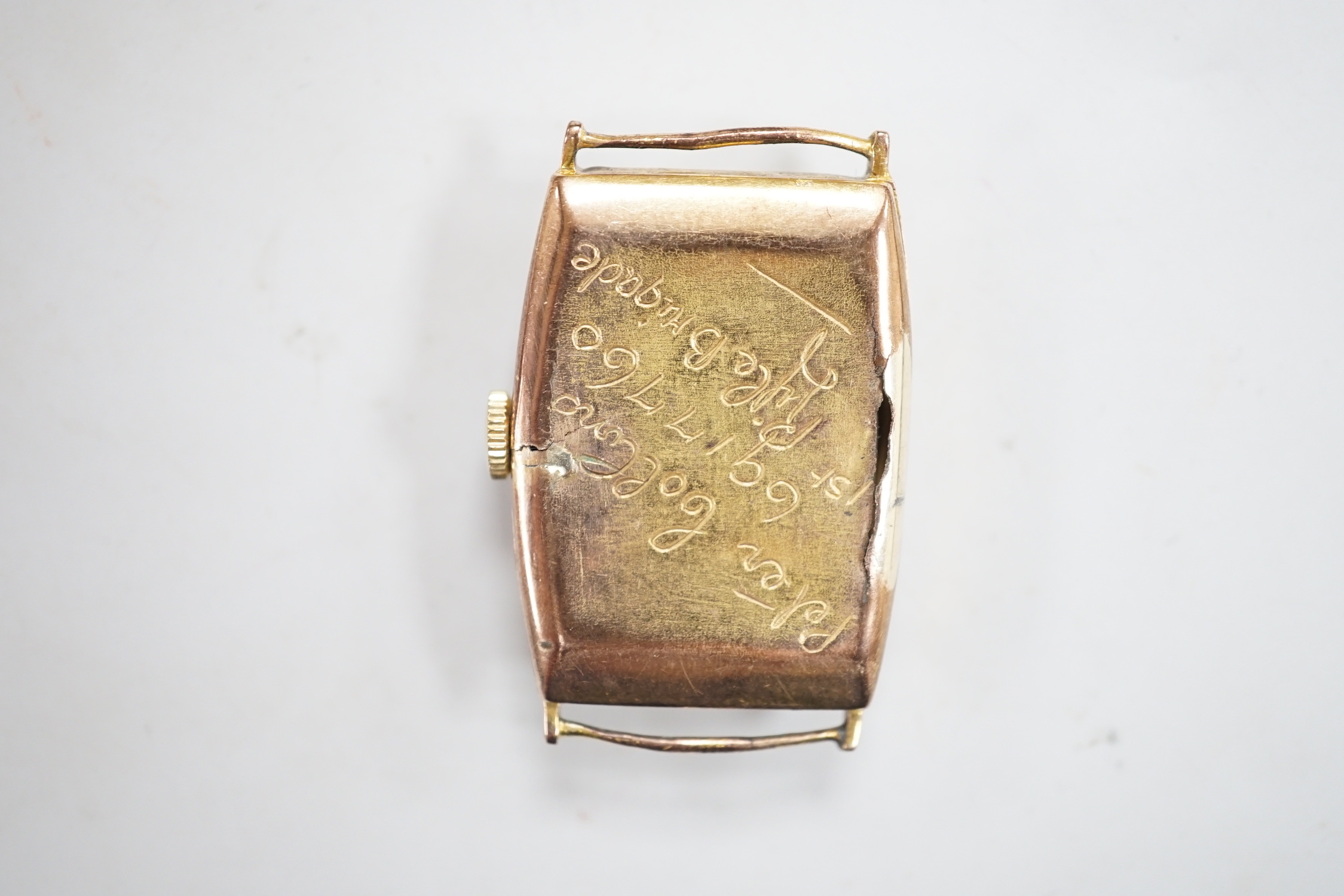 A gentleman's mid 1930's 9ct gold Omega manual wind wrist watch, with case back inscription, no strap (a.f.), movemnet c.20F.